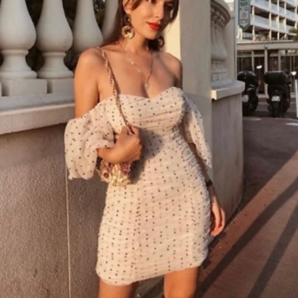 Zara | Polka Dot Ruched Tulle Balloon Sleeve Dress